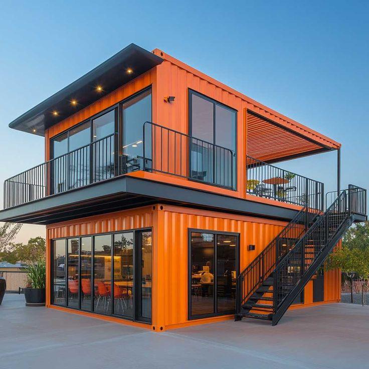 Two-storey modular office built from shipping containers with balcony and external stair