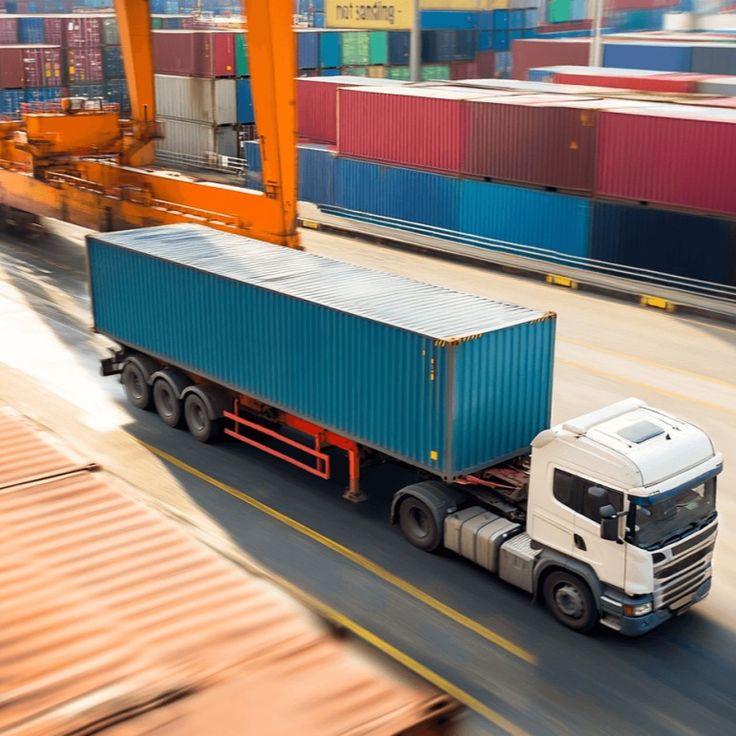 Container truck moving a 40 ft box through a port terminal